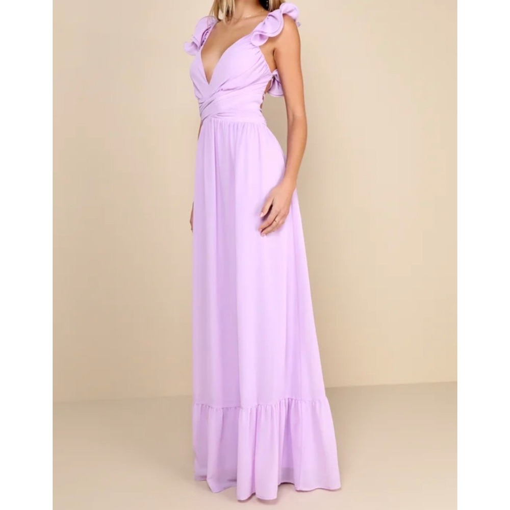 Lulus Soiree Celebration Lilac Ruffled Lace-Up Maxi Dress Small Lavender Gown